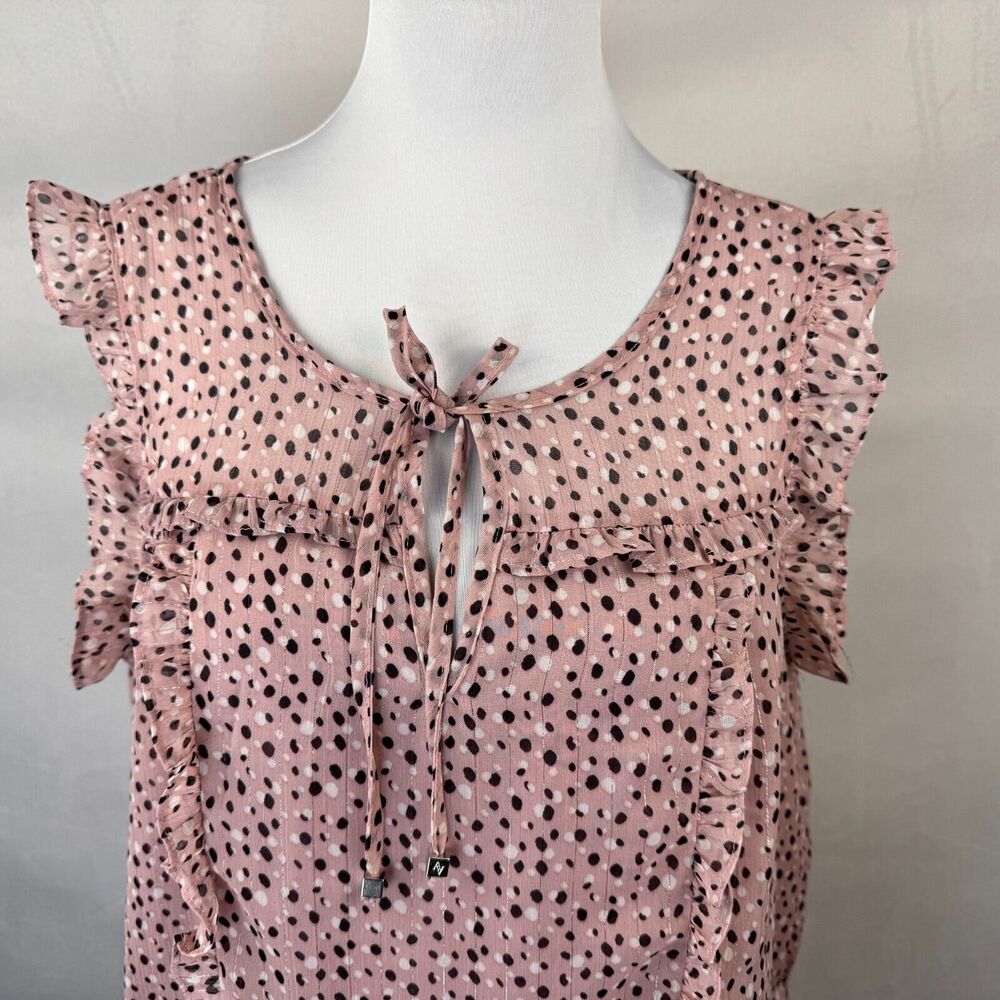 Adrienne Vittadini Women Blouse Sz L Sheer Pink Floral Split Neck Ruffle Sleeve - Picture 5 of 7